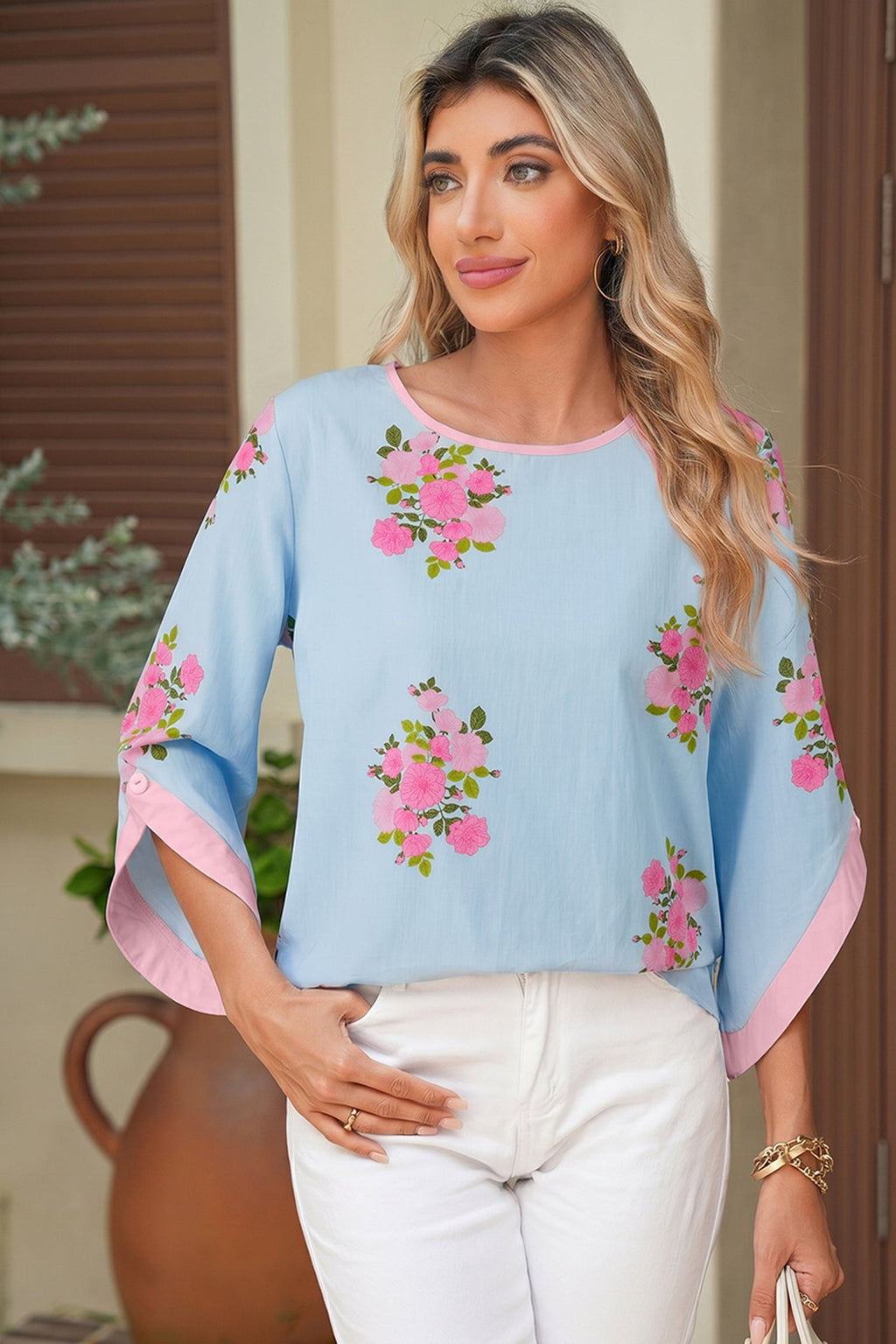 Sky Blue Floral Print Button Cuffed 3/4 Sleeve Round Neck Blouse