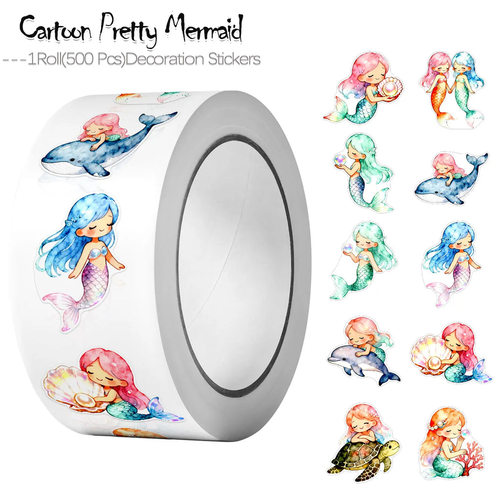 1Roll (500Pcs) Irregular Watercolor Mermaid Stickers | Decorative Stationery Labels