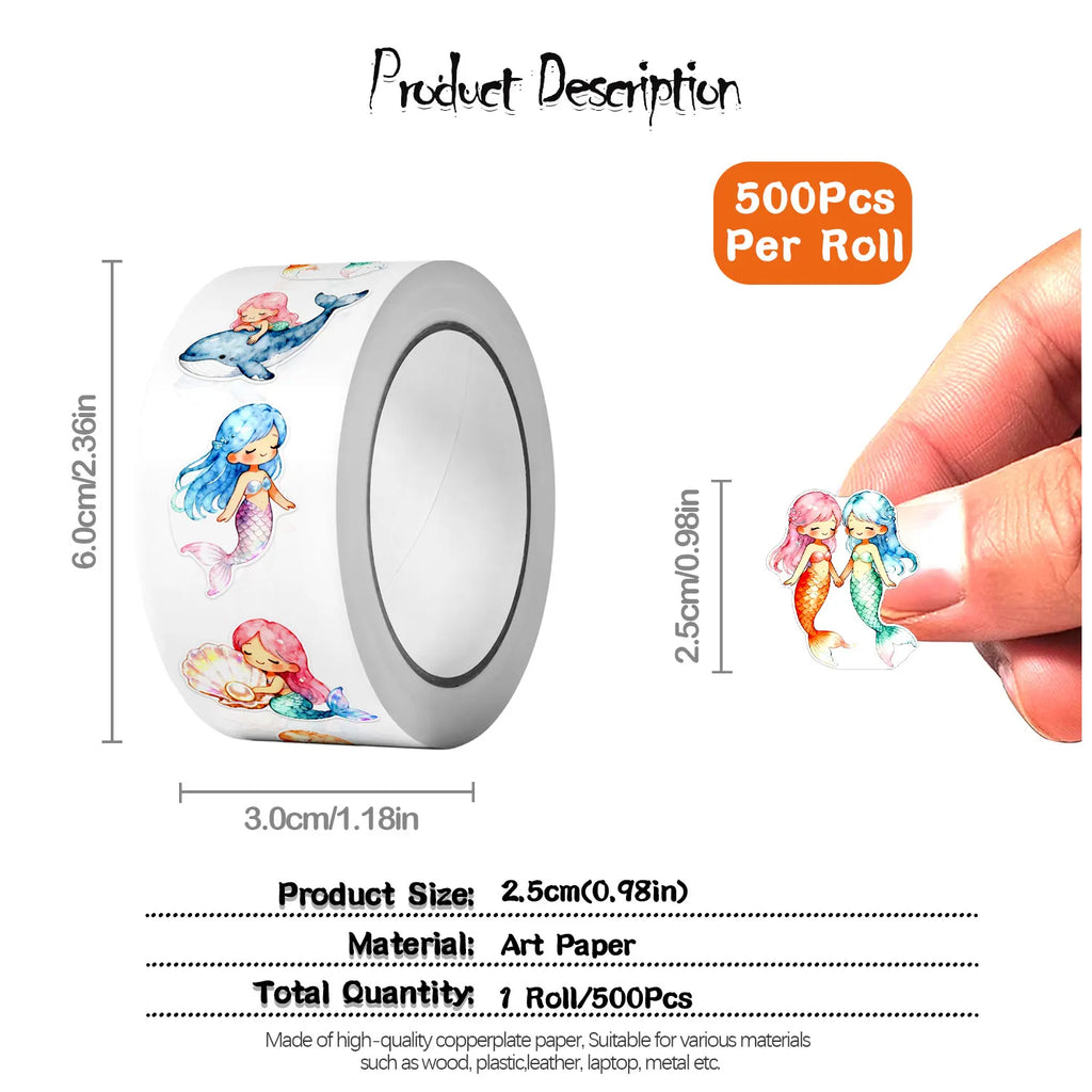 1Roll (500Pcs) Irregular Watercolor Mermaid Stickers | Decorative Stationery Labels