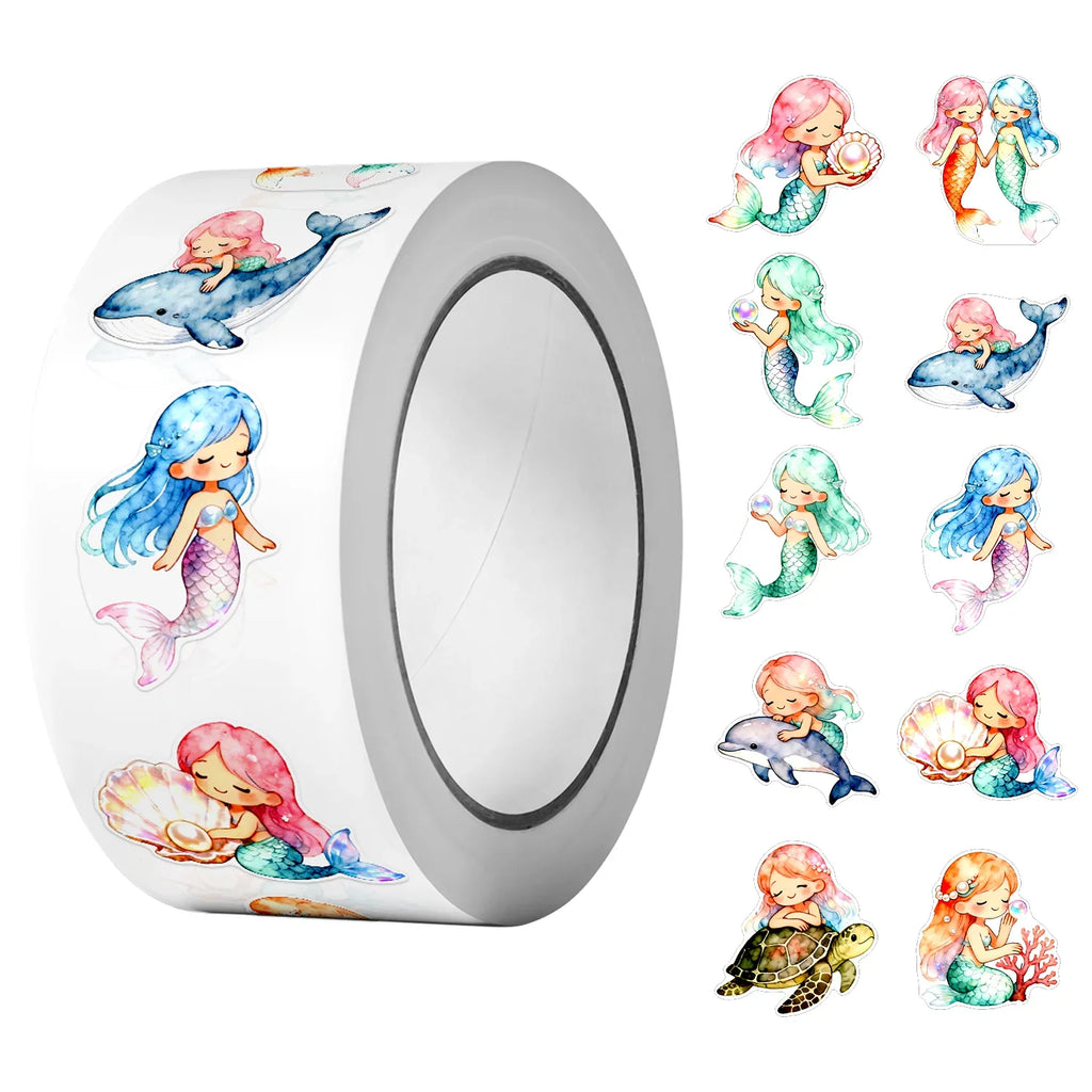 1Roll (500Pcs) Irregular Watercolor Mermaid Stickers | Decorative Stationery Labels