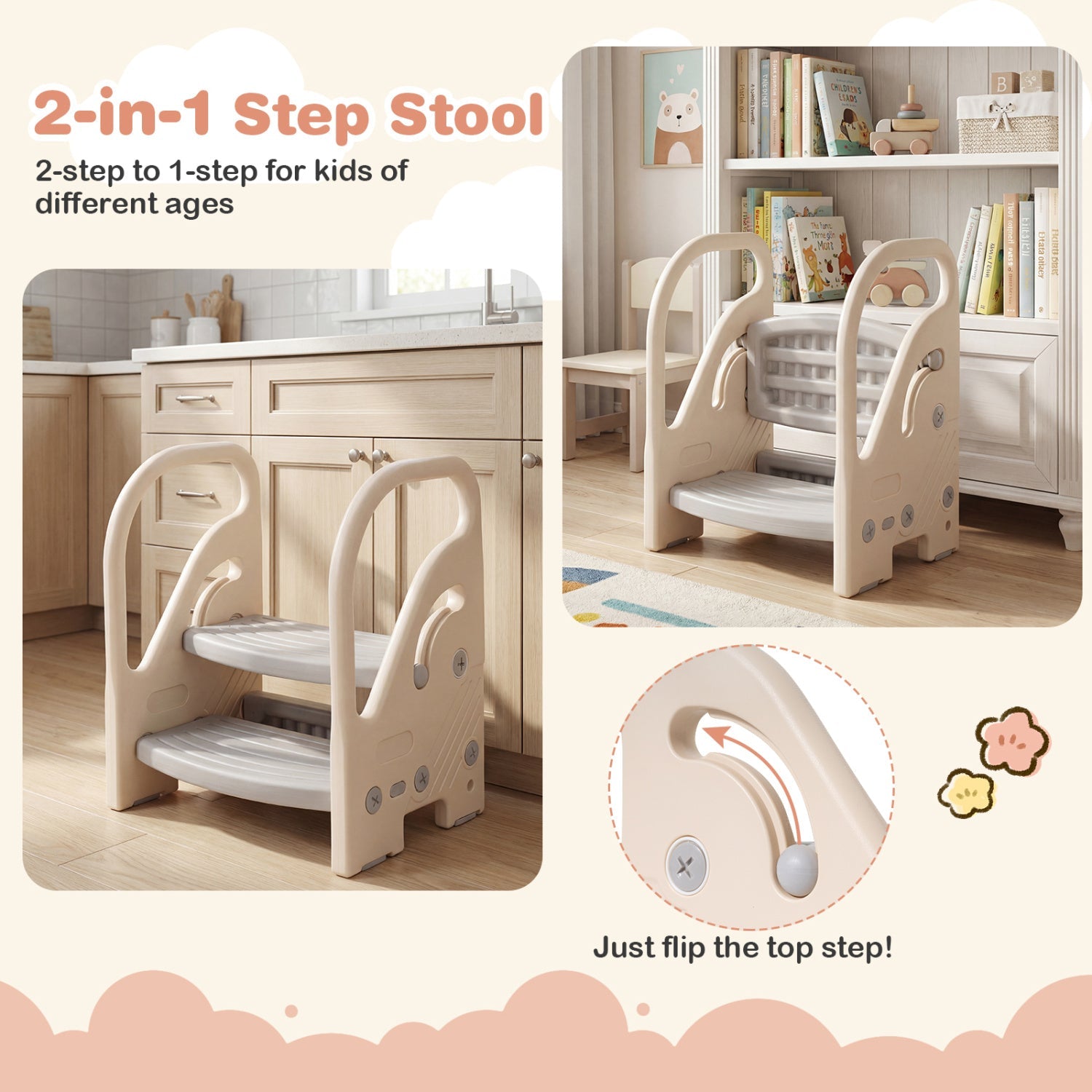 Adjustable 2-Step Kids Helper Stool with Safety Handles and Non-slip Pads for Bedroom