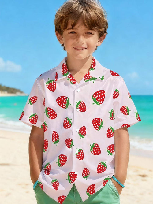 Boys’ Strawberry Print Cuban Collar Shirt – Sweet & Stylish Summer Button-Up