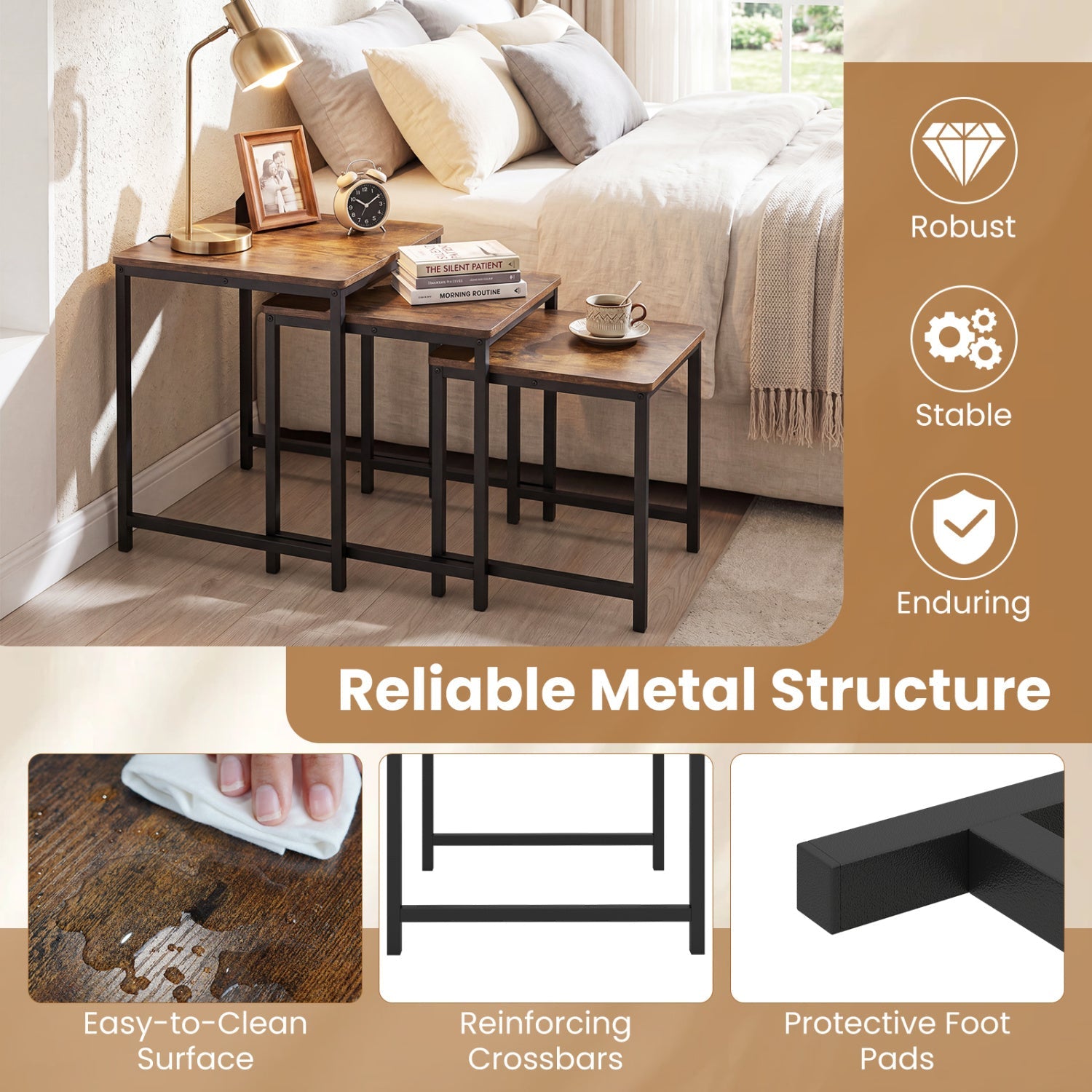 Nesting Tables Set of 3 with Faux Marble Top and Metal Frame