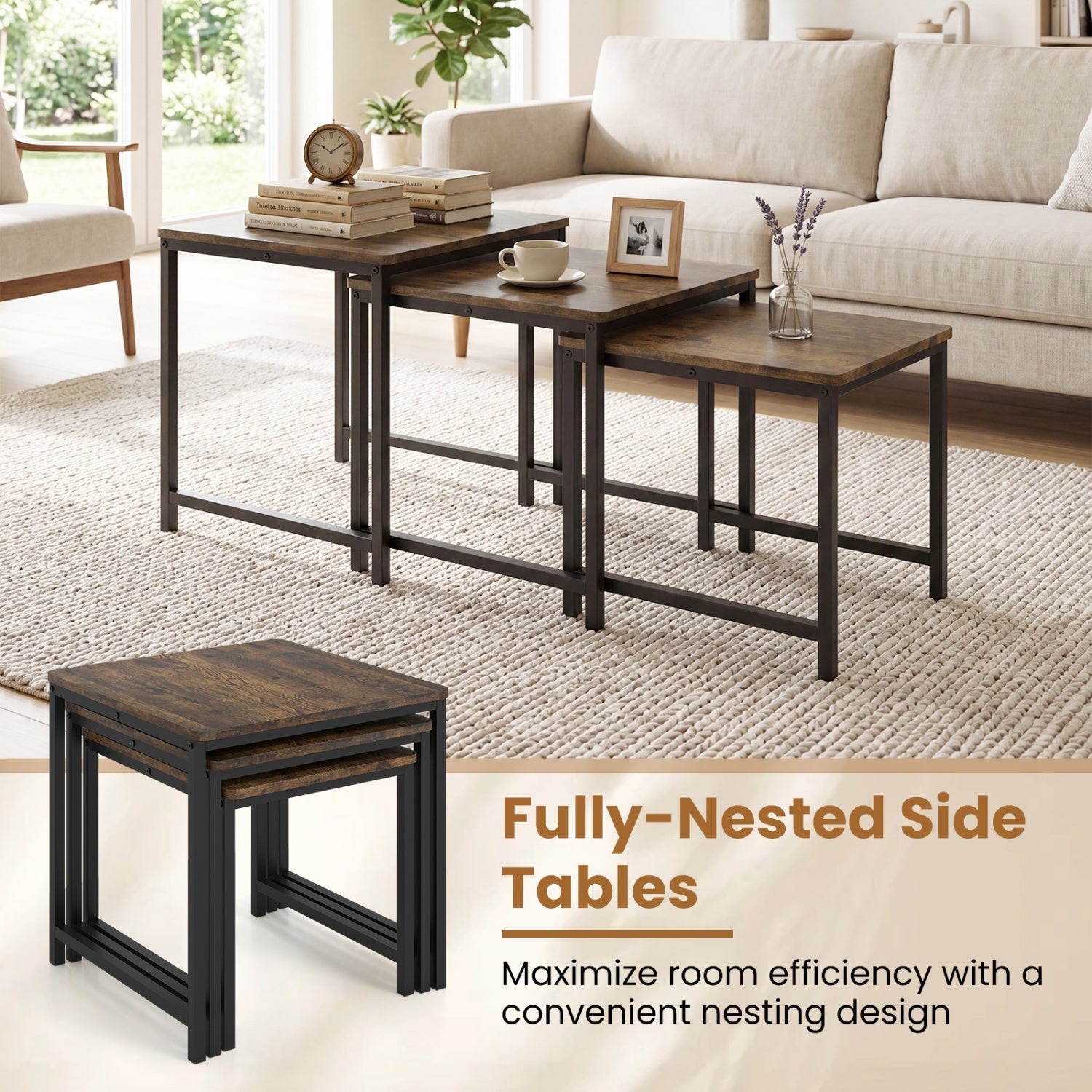 Nesting Tables Set of 3 with Faux Marble Top and Metal Frame