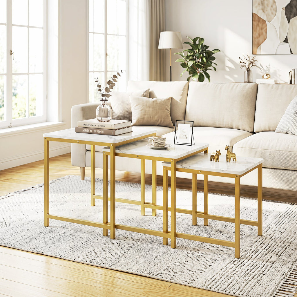 Nesting Tables Set of 3 with Faux Marble Top and Metal Frame