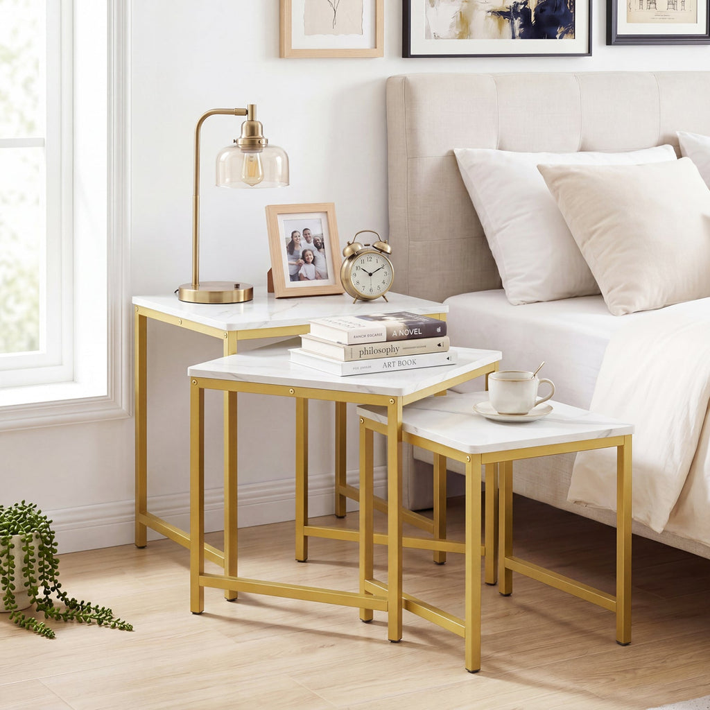 Nesting Tables Set of 3 with Faux Marble Top and Metal Frame