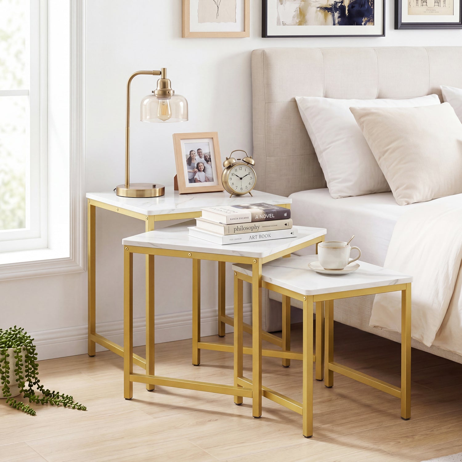 Nesting Tables Set of 3 with Faux Marble Top and Metal Frame