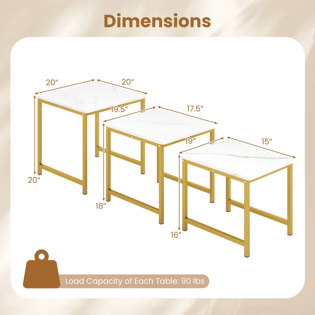 Nesting Tables Set of 3 with Faux Marble Top and Metal Frame