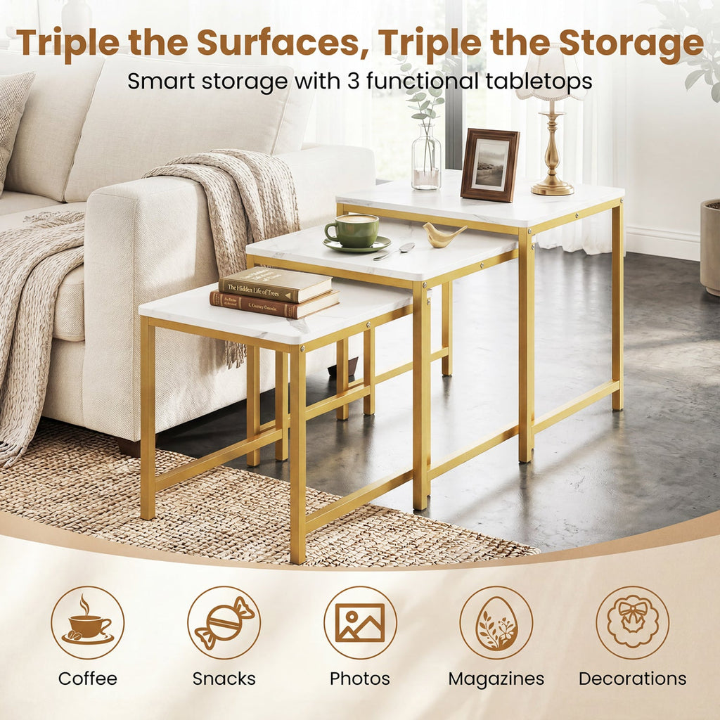 Nesting Tables Set of 3 with Faux Marble Top and Metal Frame