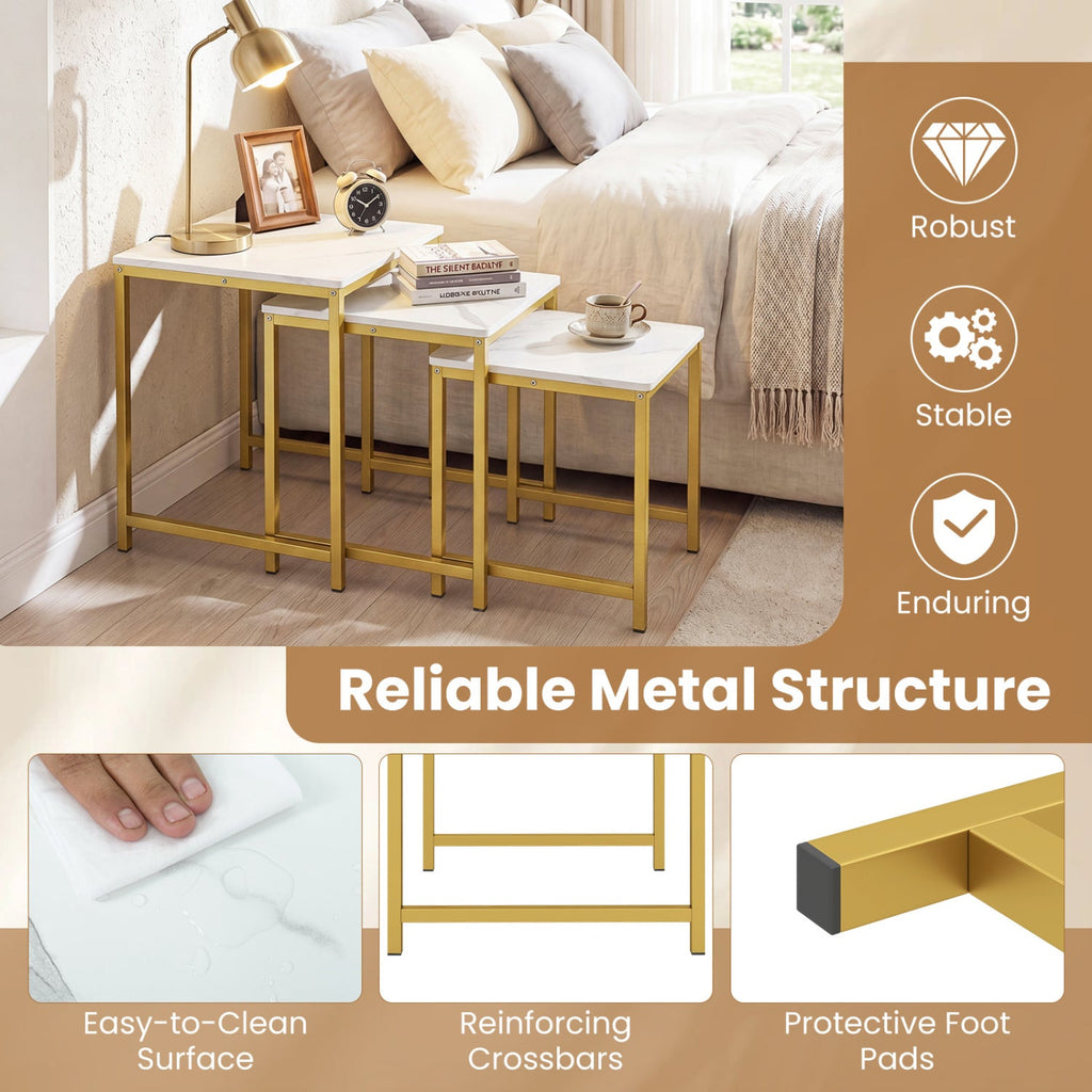 Nesting Tables Set of 3 with Faux Marble Top and Metal Frame