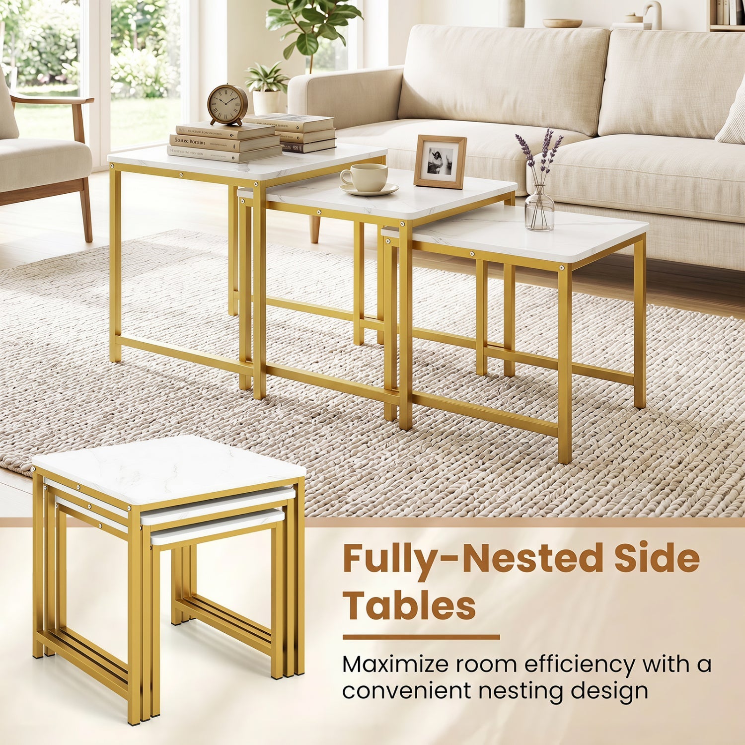 Nesting Tables Set of 3 with Faux Marble Top and Metal Frame