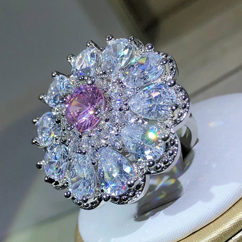 925 Sterling Silver Zircon Flower Ring | Classic Cocktail Jewelry for Women