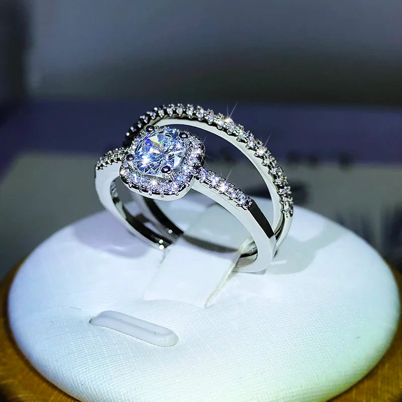 Small Couple Ring Set | 925 Sterling Silver Four-Claw Zircon Wedding Band