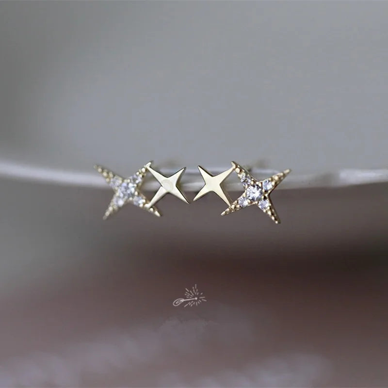 925 Sterling Silver Micro Inlaid Crystal Star Earrings | 14k Gold Plated Stud Earrings for Women