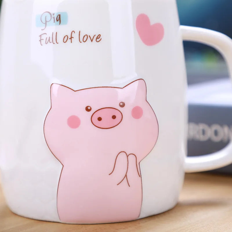 500ml Ceramic Pig Mug with Lid and Spoon | Cute Porcelain Coffee Tea Cup