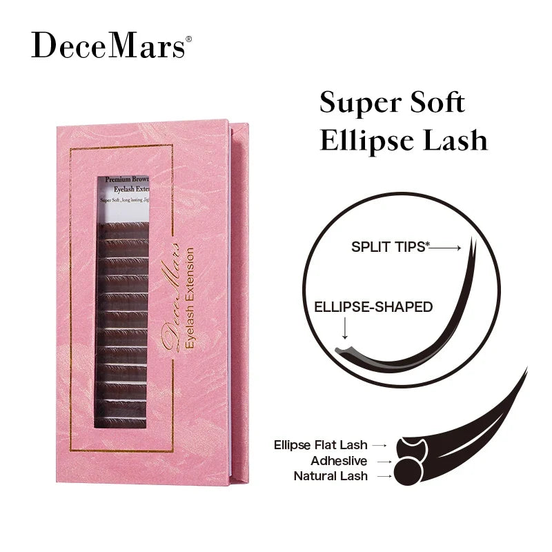 DeceMars Brown Matte Ellipse Flat Eyelash Extensions | Soft Tip Individual Lashes for Natural Volume