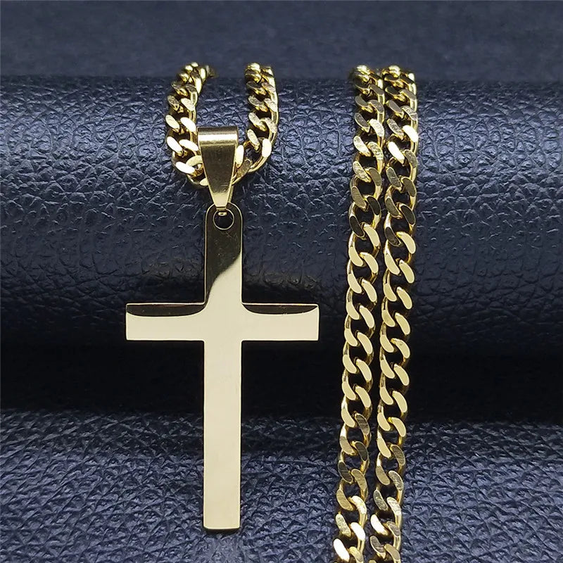 Gold Stainless Steel Cross Pendant Necklace | Hip Hop Jesus Chain Jewelry for Men Women