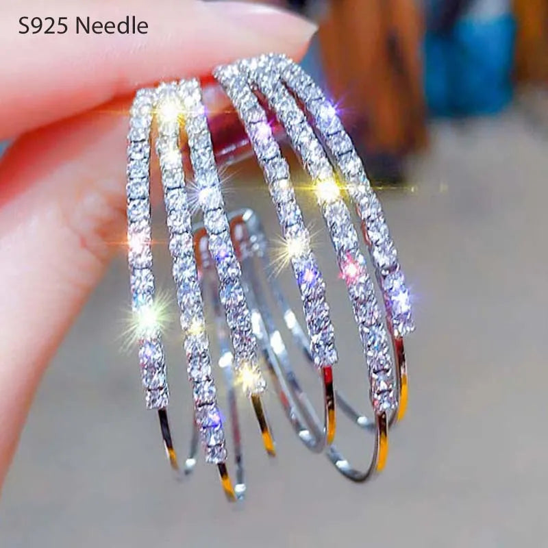 Silver Needle Hoop Earrings | Rose Gold Plated Crystal Punk Hoop Earrings for Women