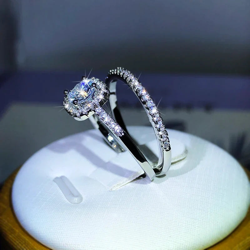 Small Couple Ring Set | 925 Sterling Silver Four-Claw Zircon Wedding Band