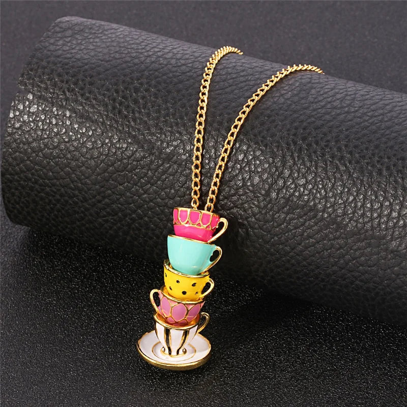 Enamel Tea Cup Pendant Necklace | Trendy Long Chain Jewelry
