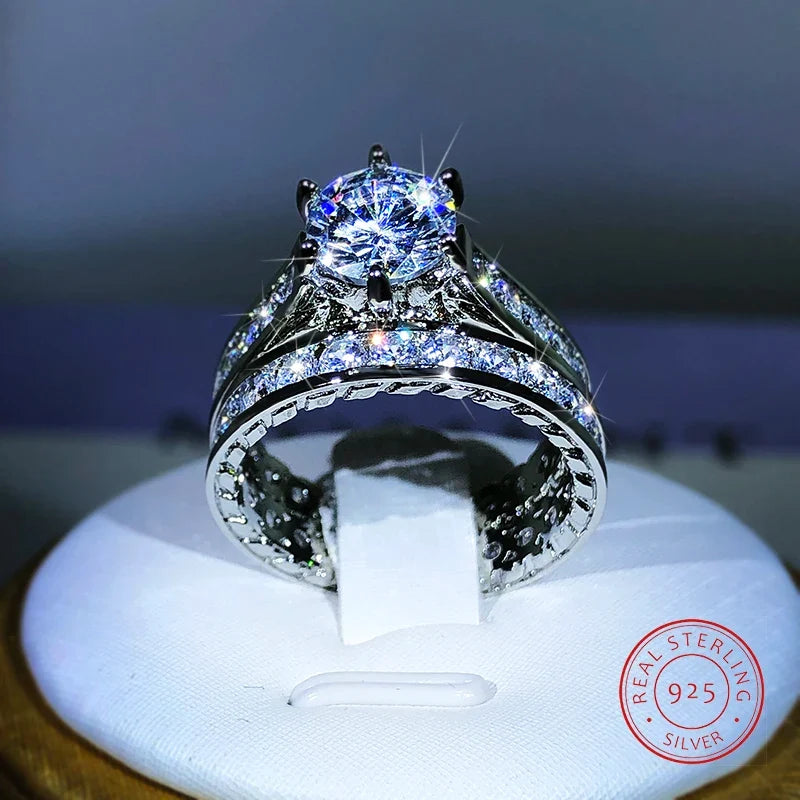 925 Silver Luxury Engagement Rings for Women 2Pcs/Set | Shiny Zircon Two Tone Elegant Jewelry