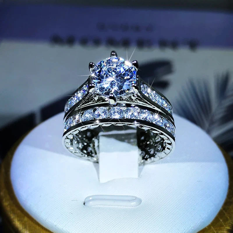 925 Silver Luxury Engagement Rings for Women 2Pcs/Set | Shiny Zircon Two Tone Elegant Jewelry