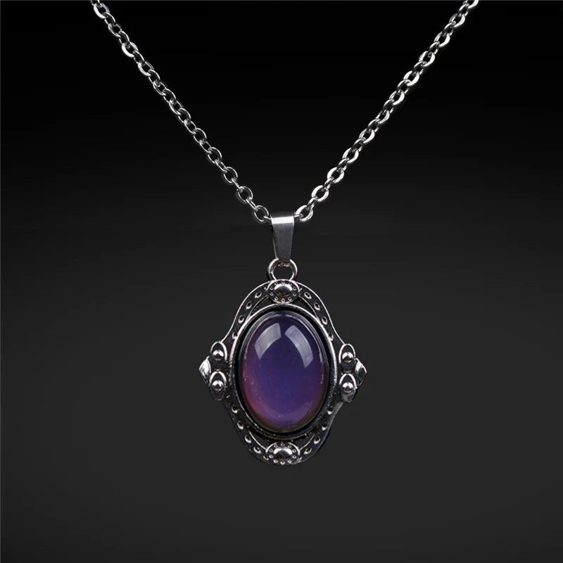 Mood Color Change Necklace | Retro Palace Elliptic Pendant with Stainless Steel Chain