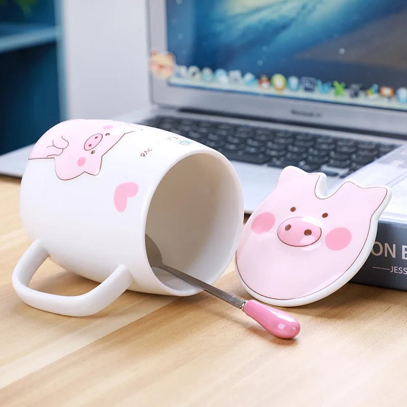 500ml Ceramic Pig Mug with Lid and Spoon | Cute Porcelain Coffee Tea Cup