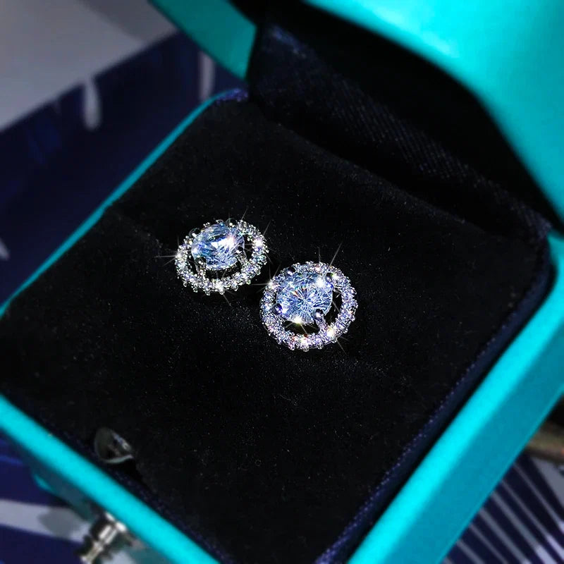 925 Sterling Silver White Zircon Stud Earrings | Exquisite Round Diamond-Like Crystal Jewelry for Women