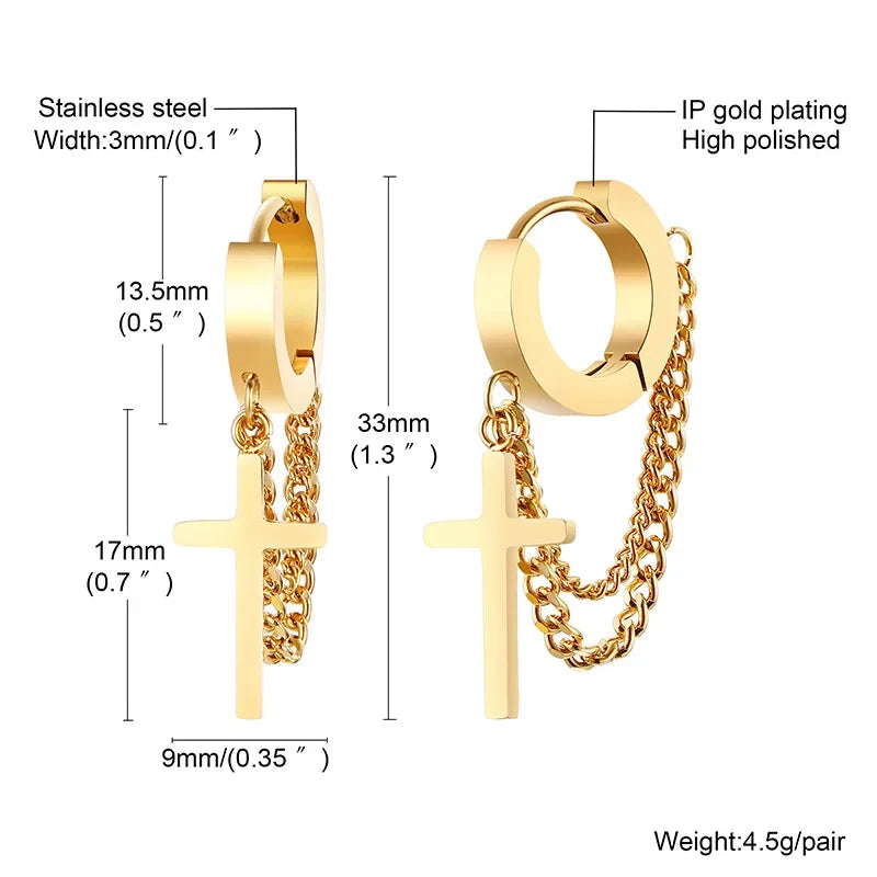 Stainless Steel Cross Double Chain Huggie Hoop Earrings | Trendy Unisex Jewelry