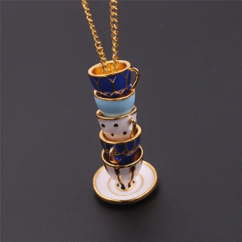 Enamel Tea Cup Pendant Necklace | Trendy Long Chain Jewelry