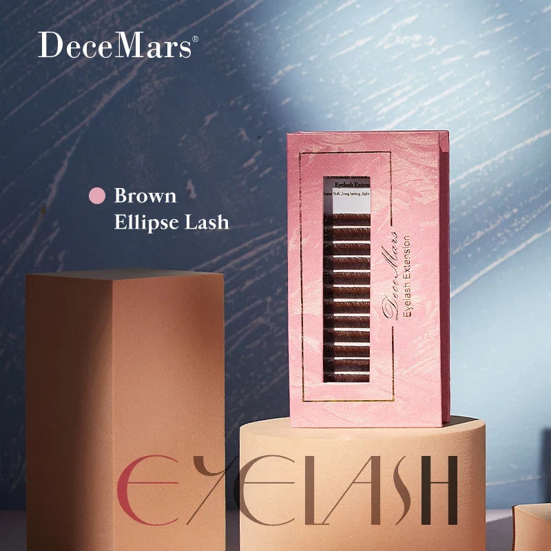 DeceMars Brown Matte Ellipse Flat Eyelash Extensions | Soft Tip Individual Lashes for Natural Volume