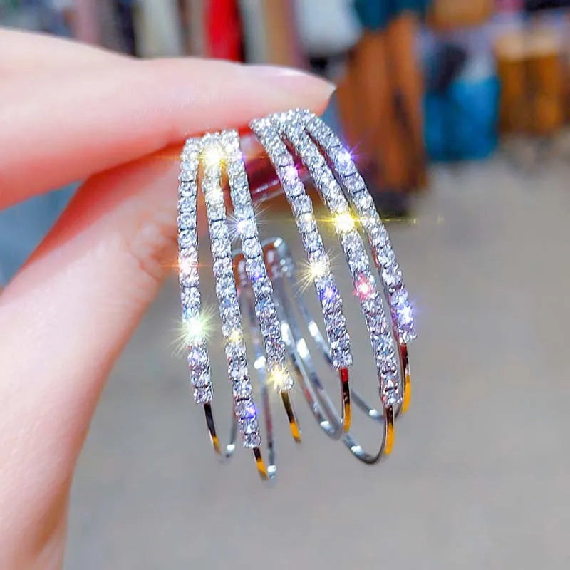 Silver Needle Hoop Earrings | Rose Gold Plated Crystal Punk Hoop Earrings for Women