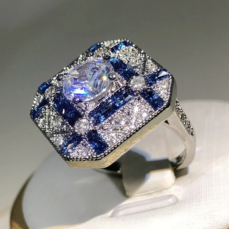 925 Silver Zircon Geometric Ring | Blue White Cocktail Engagement Ring