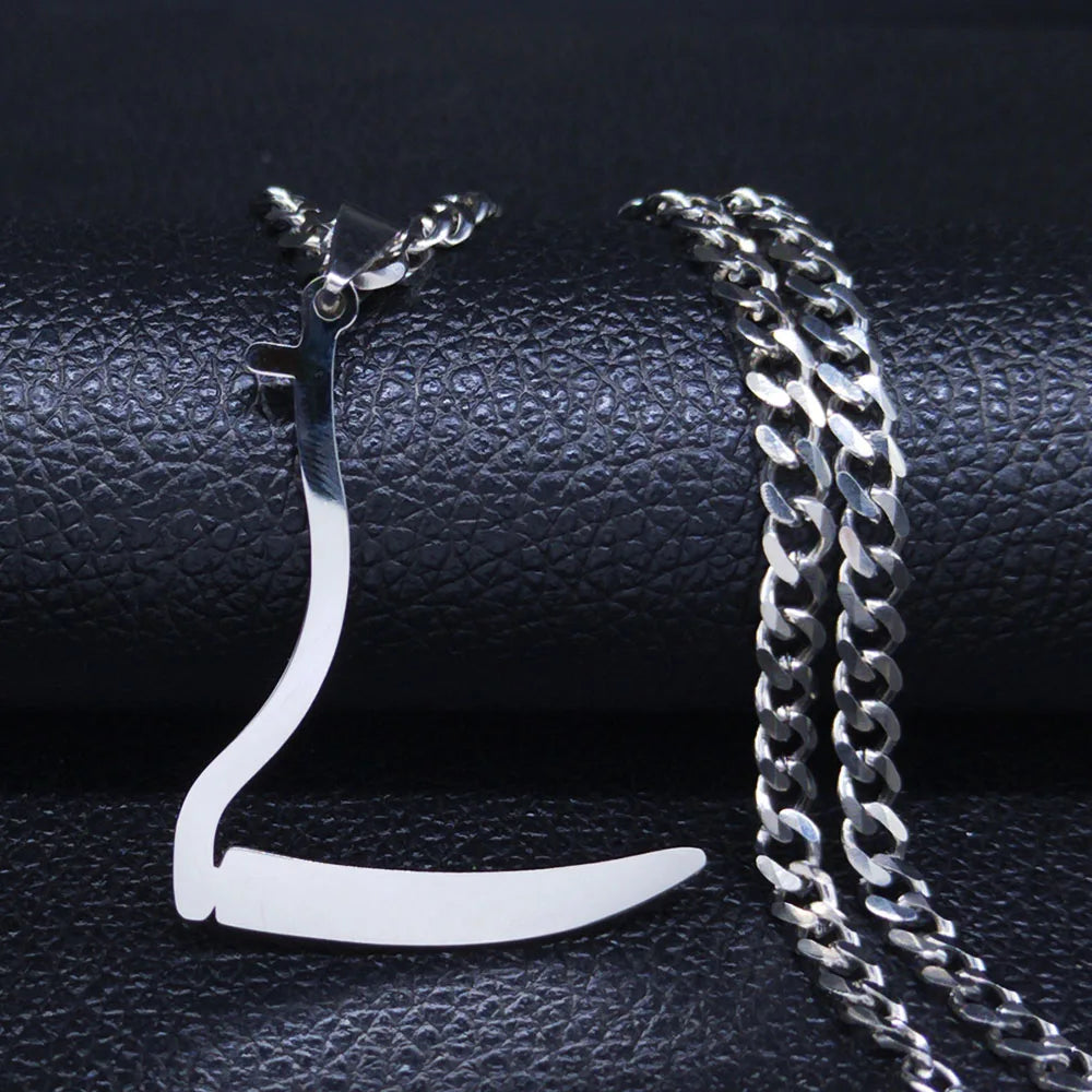 Silver Grim Reaper Sickle Pendant Necklace | Punk Stainless Steel Jewelry for Women