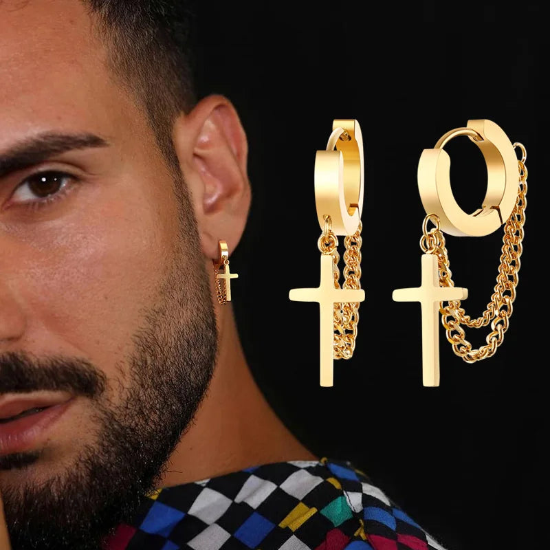 Stainless Steel Cross Double Chain Huggie Hoop Earrings | Trendy Unisex Jewelry