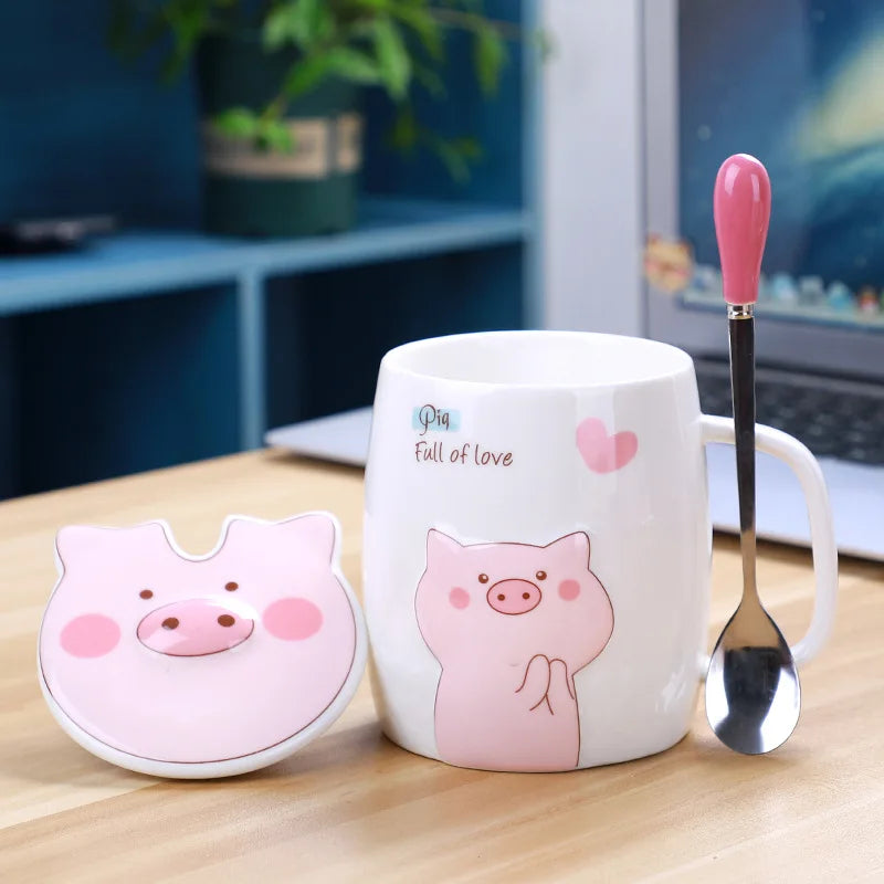 500ml Ceramic Pig Mug with Lid and Spoon | Cute Porcelain Coffee Tea Cup