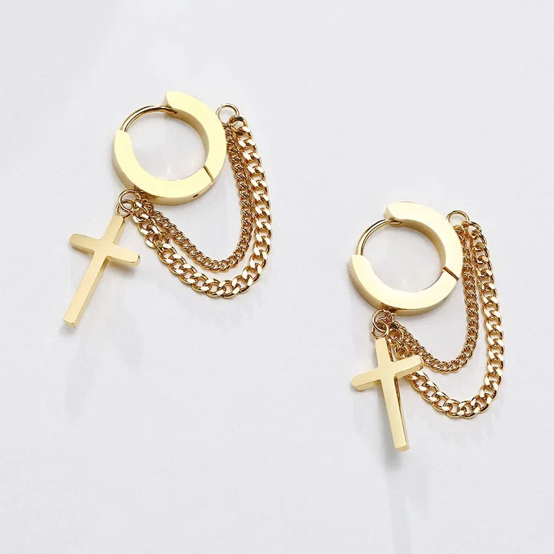 Stainless Steel Cross Double Chain Huggie Hoop Earrings | Trendy Unisex Jewelry