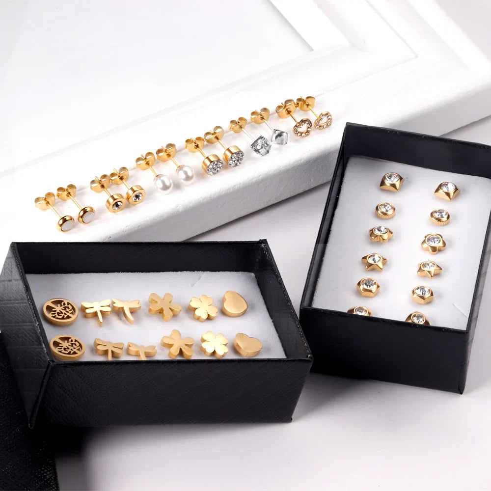 6 Pairs Vintage Stud Earrings Set for Women | Stainless Steel Snowflake Piercing