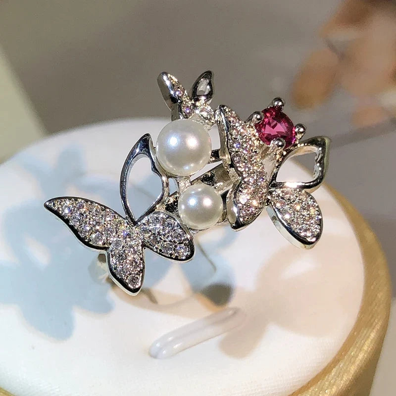 925 Sterling Silver Double Pearl Butterfly Ring | Zircon Cocktail Jewelry for Women