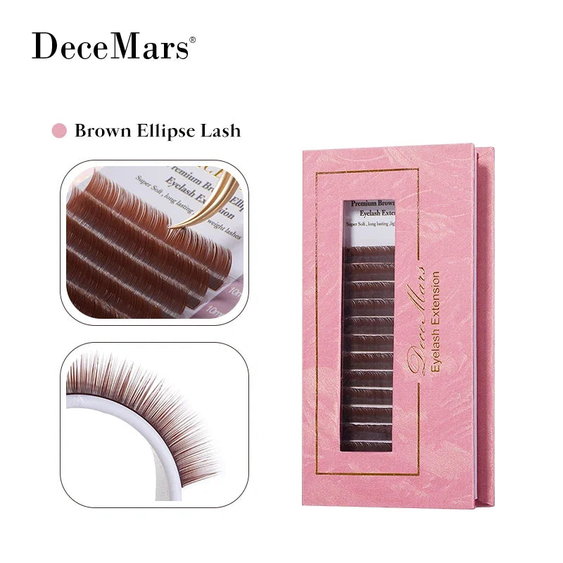 DeceMars Brown Matte Ellipse Flat Eyelash Extensions | Soft Tip Individual Lashes for Natural Volume