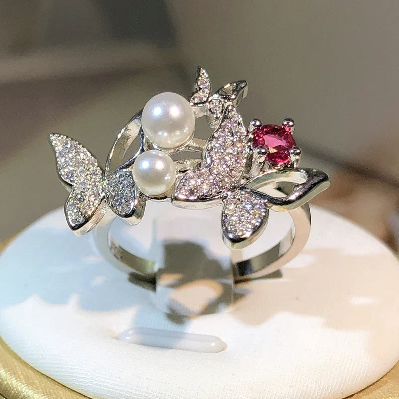 925 Sterling Silver Double Pearl Butterfly Ring | Zircon Cocktail Jewelry for Women