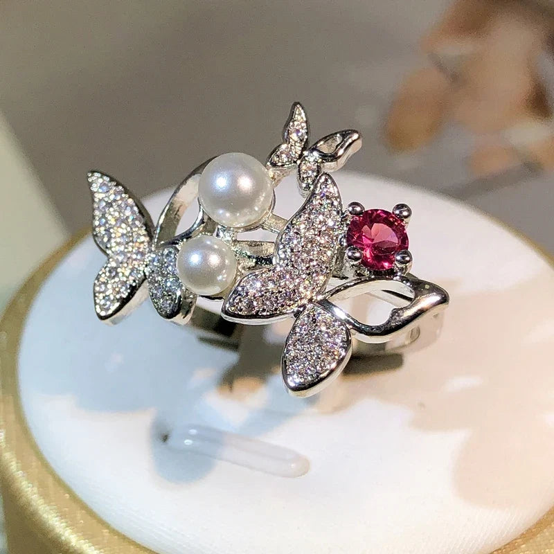 925 Sterling Silver Double Pearl Butterfly Ring | Zircon Cocktail Jewelry for Women