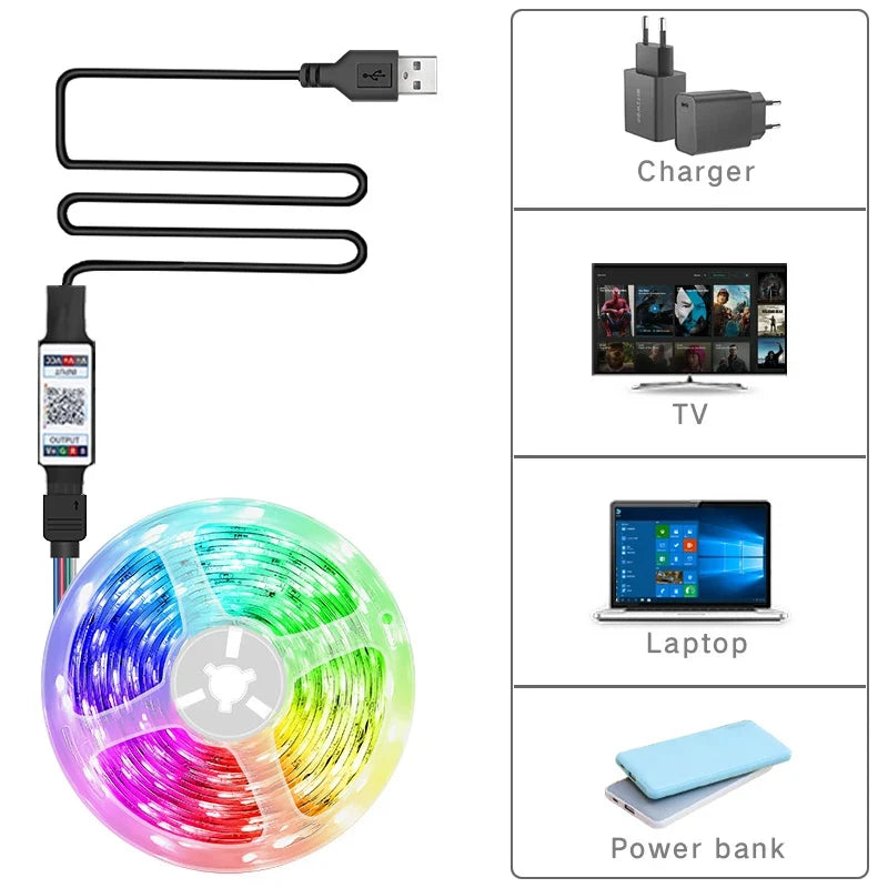 RGB Led Strip Light Bluetooth App Control 5V USB Led Tape Flexible Ribbon Diode Tape for TV Backlight Room Decoration