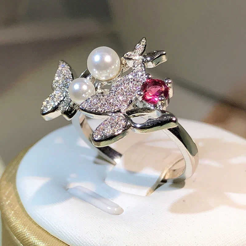 925 Sterling Silver Double Pearl Butterfly Ring | Zircon Cocktail Jewelry for Women