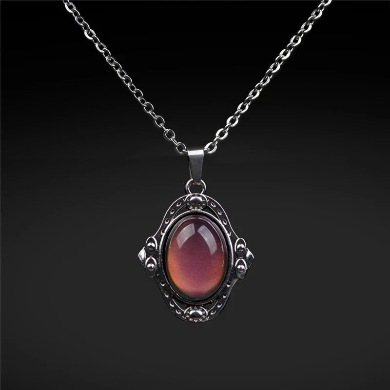 Mood Color Change Necklace | Retro Palace Elliptic Pendant with Stainless Steel Chain