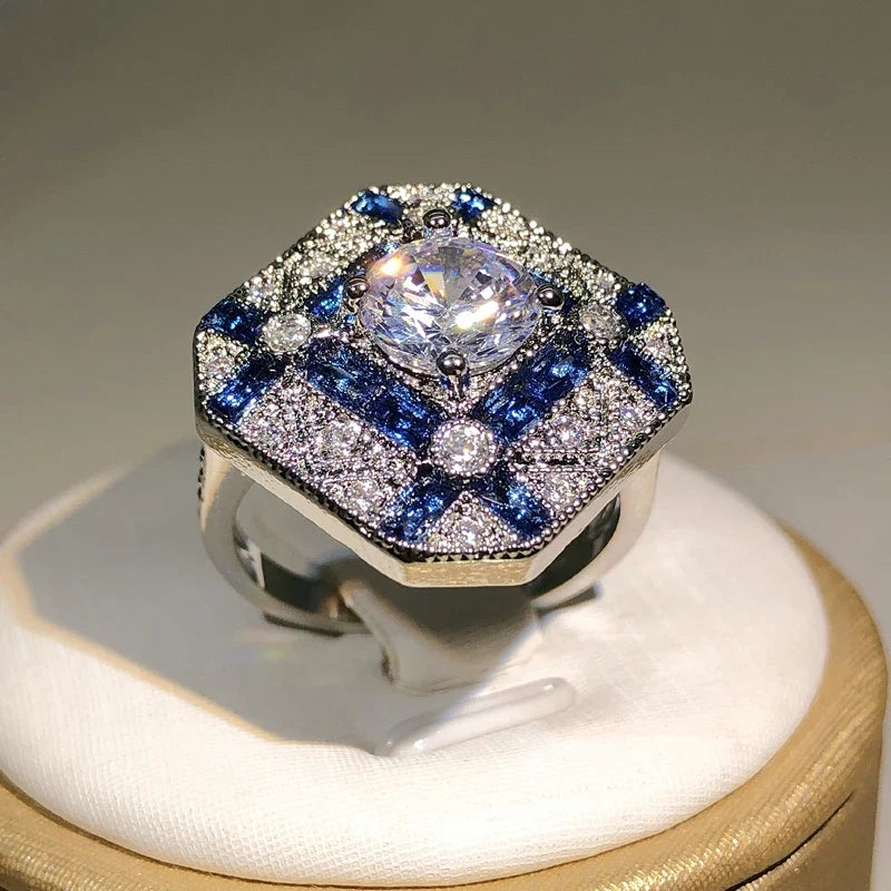 925 Silver Zircon Geometric Ring | Blue White Cocktail Engagement Ring