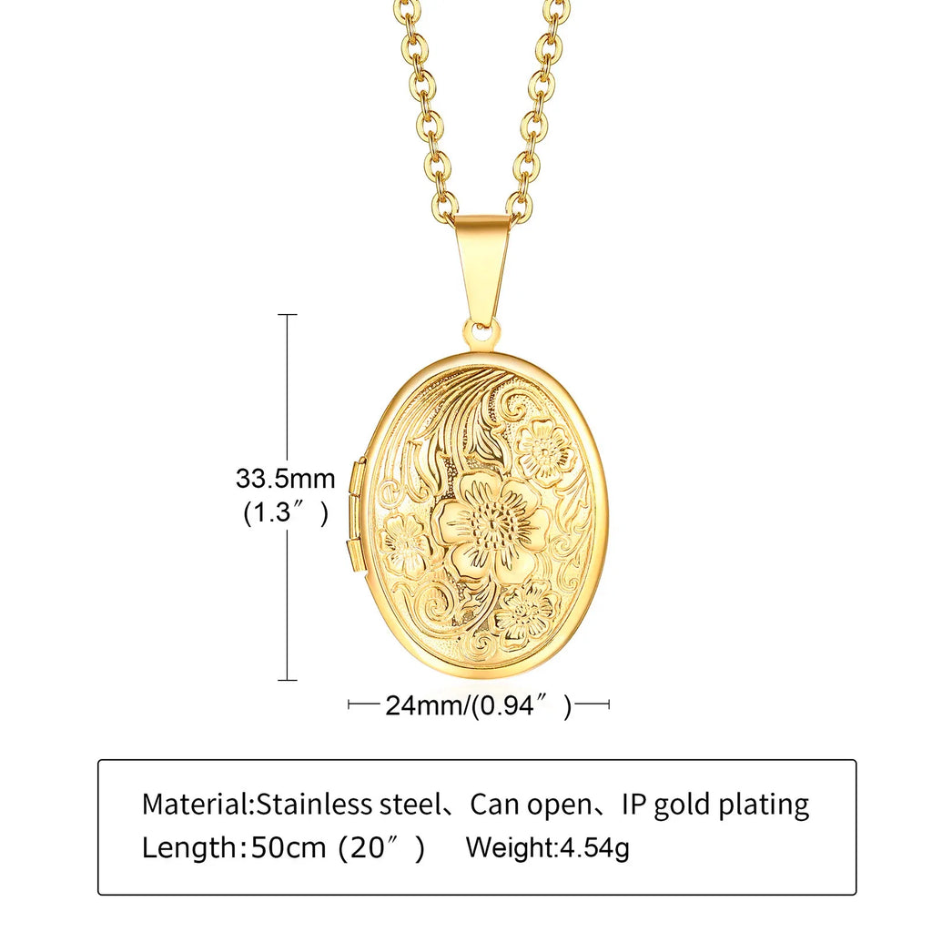 Monogram Floral Oval Heart Locket Pendant Necklace | Stainless Steel Photo Frame Keepsake
