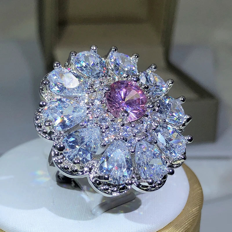 925 Sterling Silver Zircon Flower Ring | Classic Cocktail Jewelry for Women