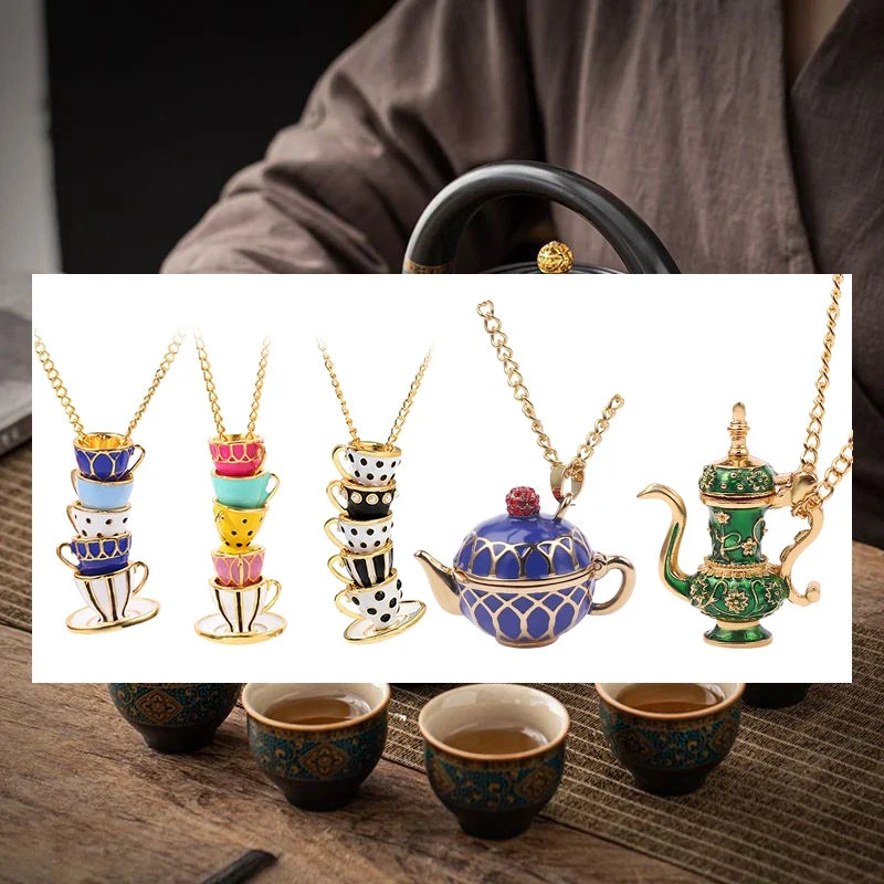 Enamel Tea Cup Pendant Necklace | Trendy Long Chain Jewelry